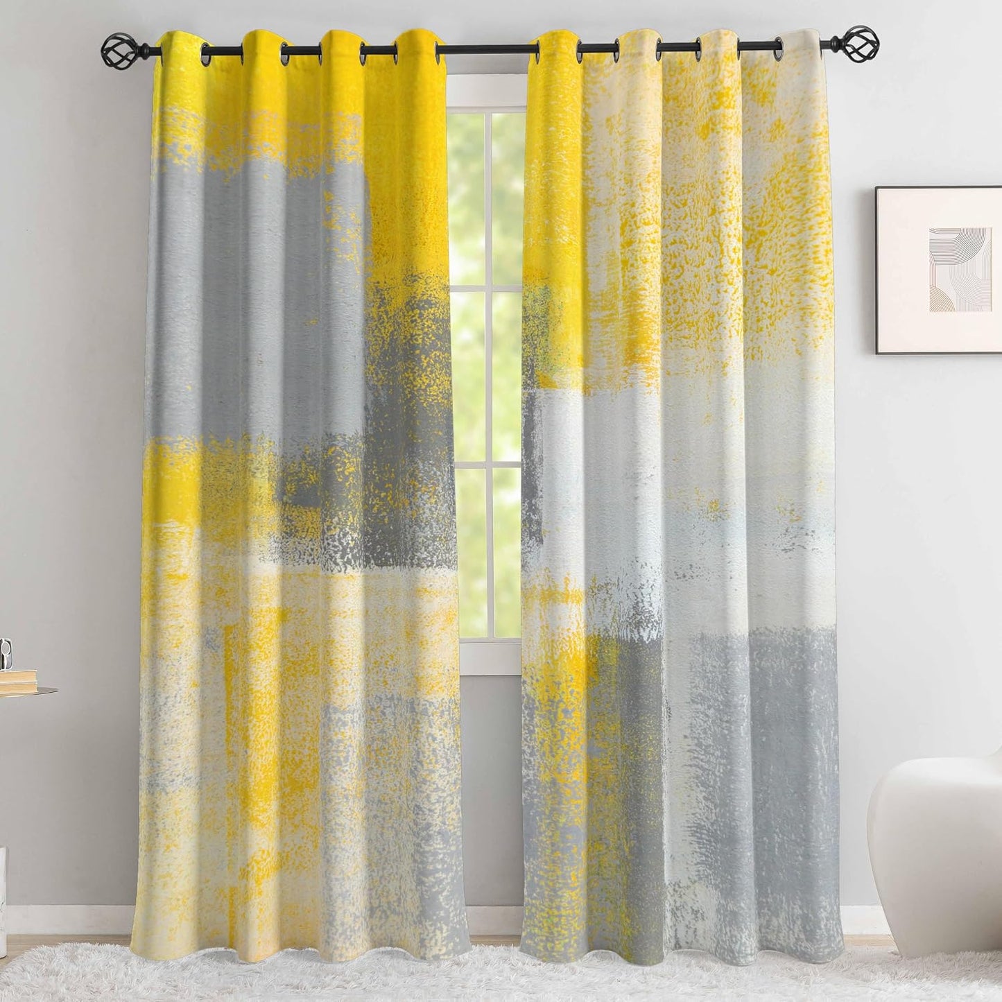 Asuexpect Yellow Window Curtain Yellow Grey Abstract Thermal Insulating Drapes Rust Art Treatment Drapes Modern Curtains for Living Room Bedroom Hotel, 52" x 84", 2 Panels