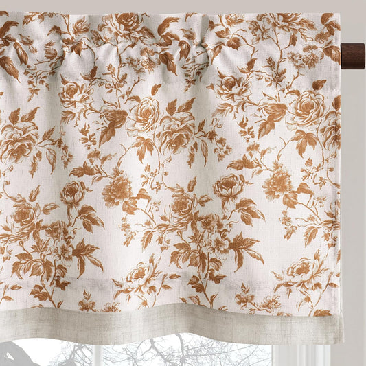 PONY DANCE Linen Valance Curtain for Kitchen 18 inch Long, Farmhouse Peony Pattern Floral Double Layer Window Cafe Light Filtering Valance for Living Room Ticking Rod Pocket, 1 Panel, Yellow on Linen