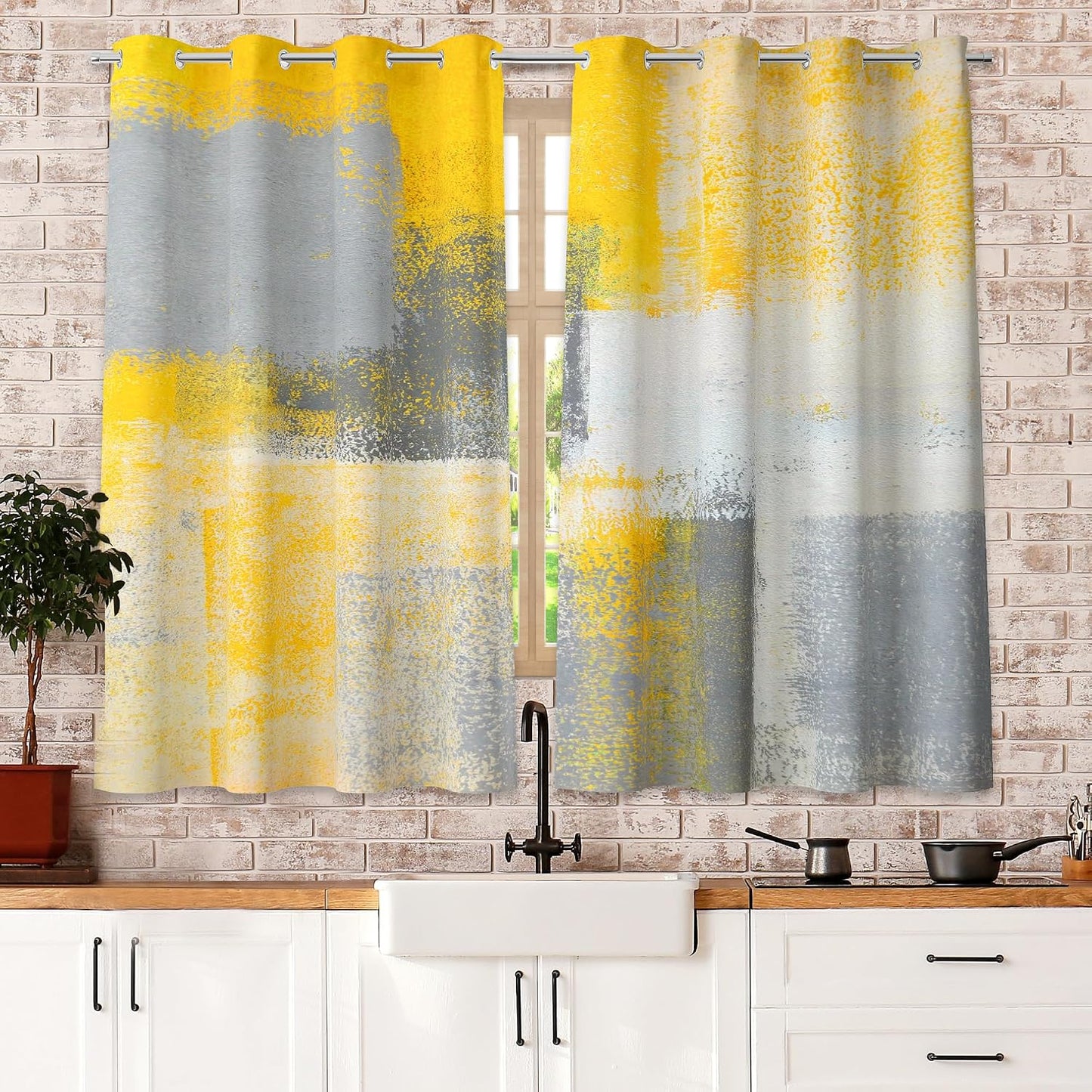 Yellow Window Curtain Yellow Grey Abstract Thermal Insulating Drapes Rust Art Treatment Drapes Modern Curtains for Living Room Bedroom Hotel, 26" x 36", 2 Panels