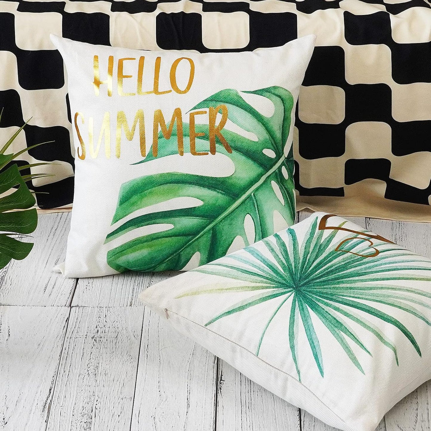 ONWAY Hello Summer Pillow Covers Waterproof 18x18 Set of 4 for Summer Decorations Yellow Stripe Gold Cushion Cases Tropical Pineapple Flamingo Throw Pillows for Couch Patio Furniture