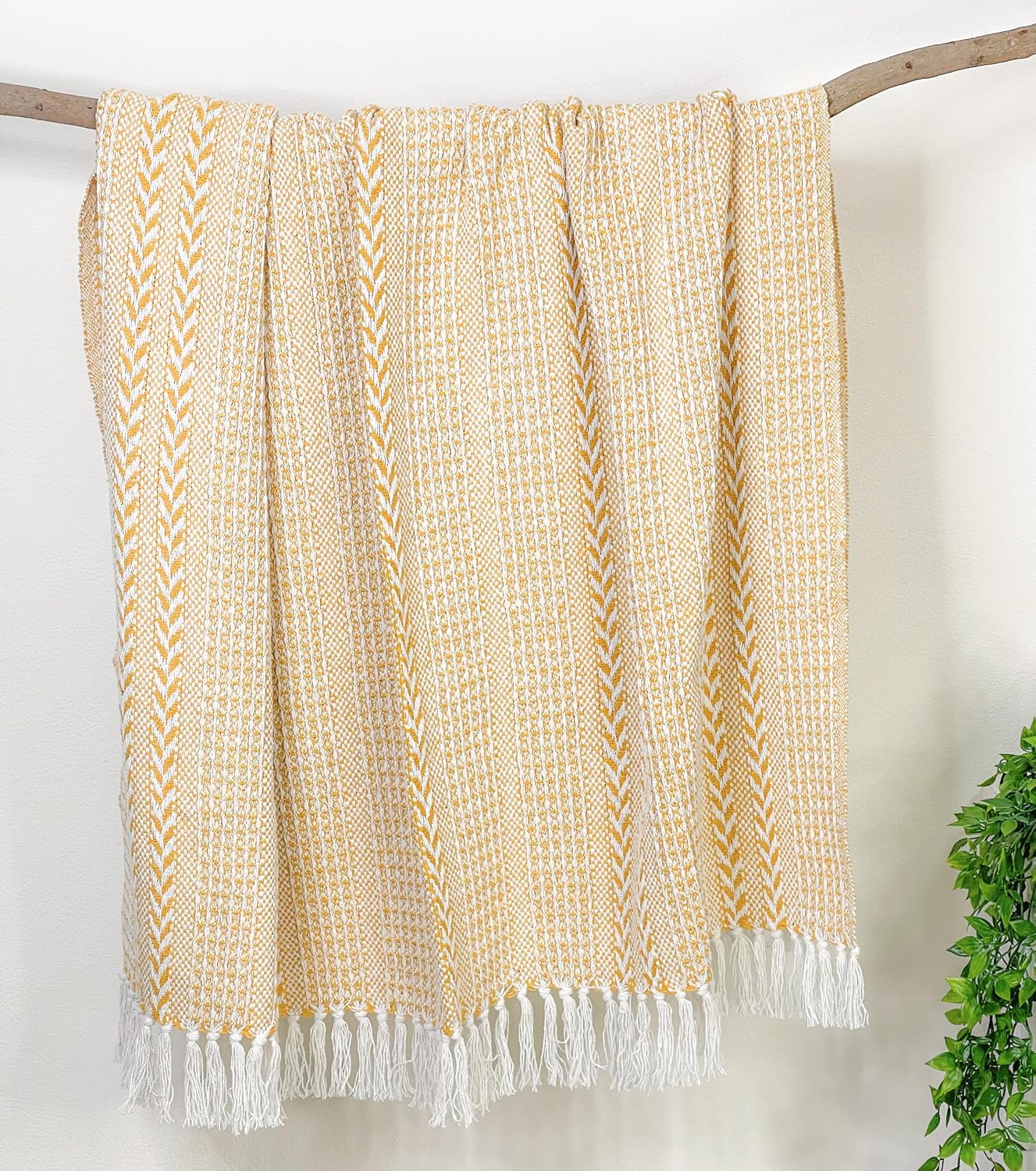 Chardin home Yellow Braided Waffle Weave Throw, 50x60 Inch Recycled Cotton- Large, Wearable, Breathable, Skin-Friendly Everyday use Blanket for Couch, Bed, Sofa - Soft Lightweight Picnic Rug