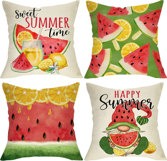 Happy Sweet Summer Time Watermelon Gnome Decorative Throw Pillow Cover 18 x 18 Set of 4, Lemon Watercolor Porch Outdoor Home Decor, Lemonade Seasonal Holiday Farmhouse Sofa Couch Cushion Case