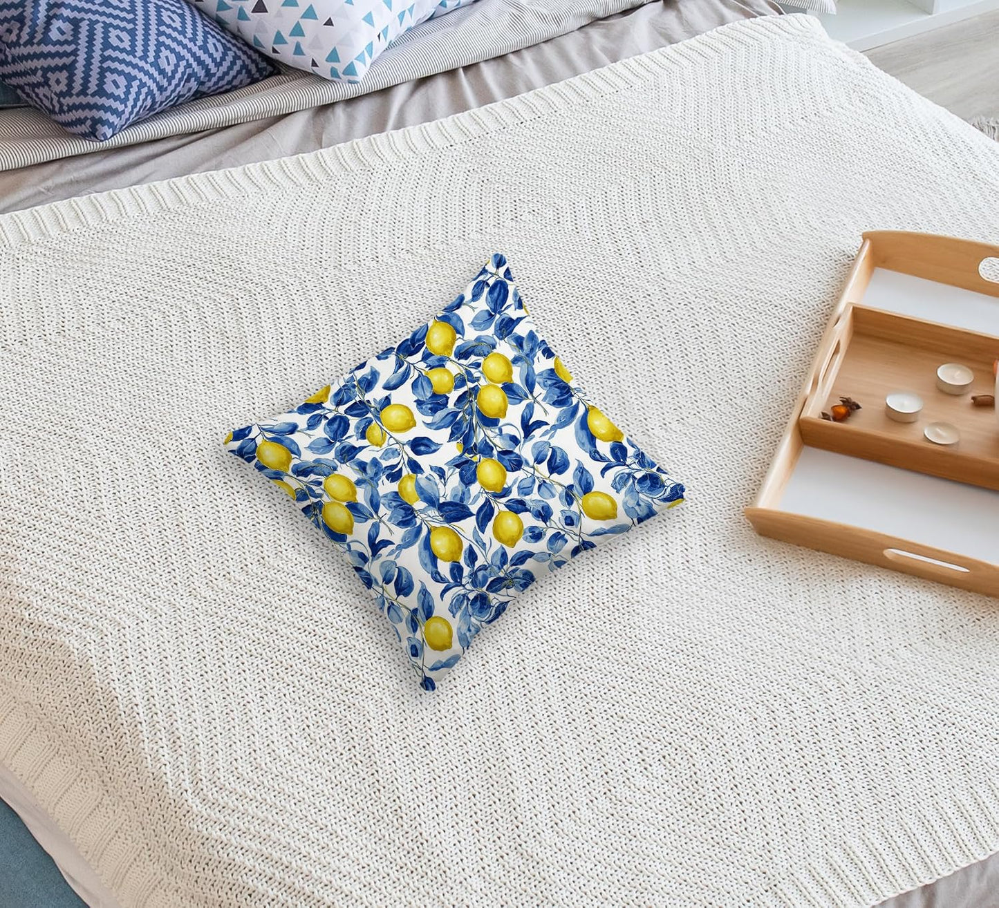 huester Mediterranean Lemon Pillow Cover 18x18, Lemon Gifts for Women, Blue and White Botanical Summer Fruit Decorative Throw Pillow Cover Pillowcases for Home Bedroom Living Room Decor