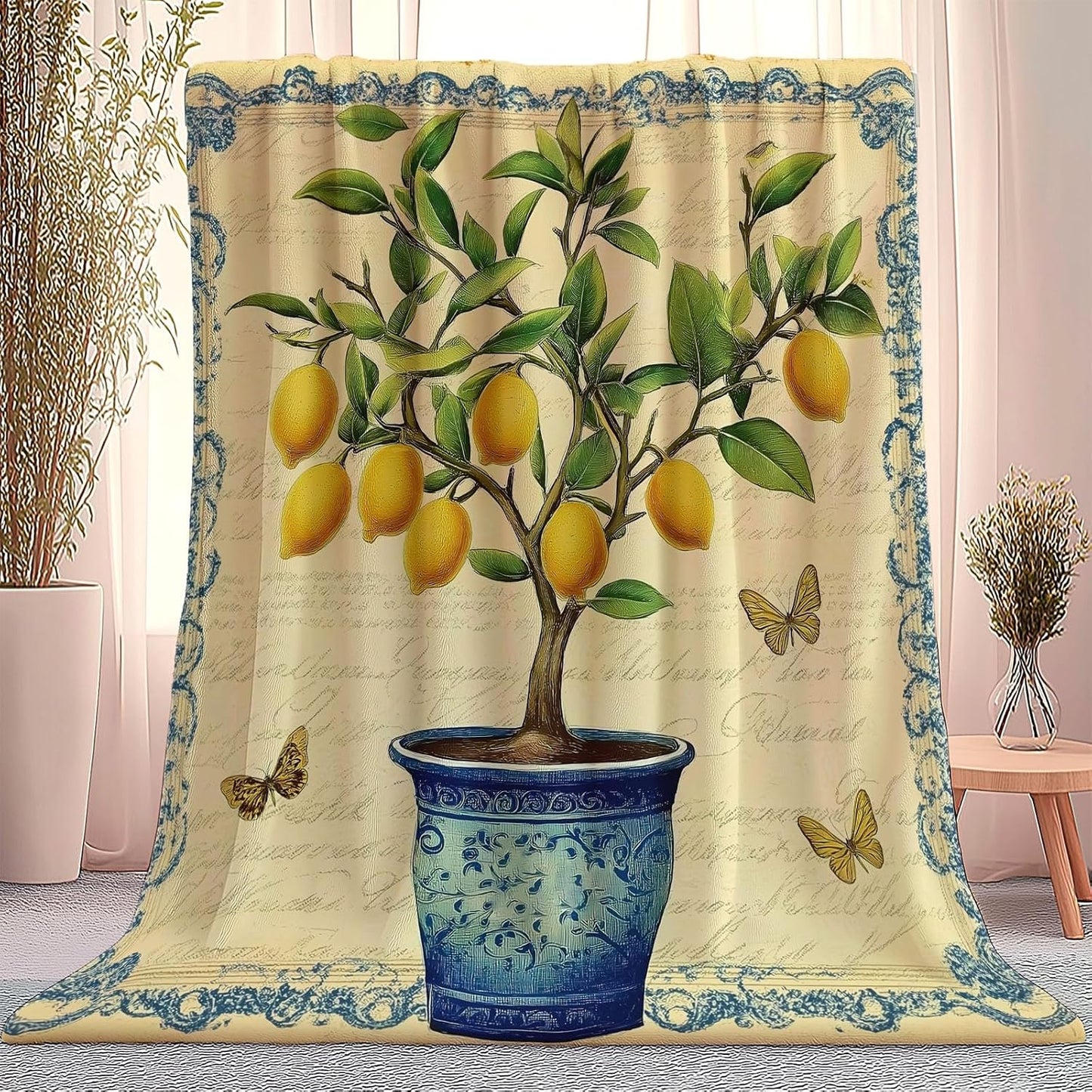 Blanket Printed Fleece Throw Vintage Plants Lemon Butterfly Cozy Fluffy Comfy for All Seasons, Full 50" x 60" Soft Warm Lightweight Flannel Plush Throws for Sofa Couch and Bed, Mustard Yellow