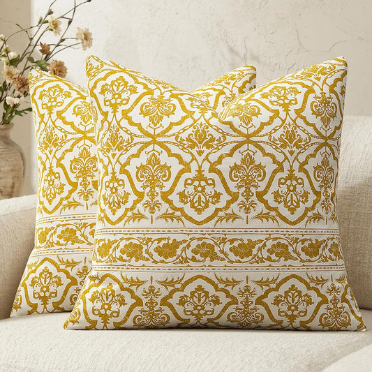 Mustard Yellow Floral Pillow Covers: 18x18 Decorative Vintage Rustic Patterned Throw Pillows - Farmhouse Boho Couch Sofa Cushions Pillowcases Set of 2 Living Room Square Cotton Throw Pillow Covers