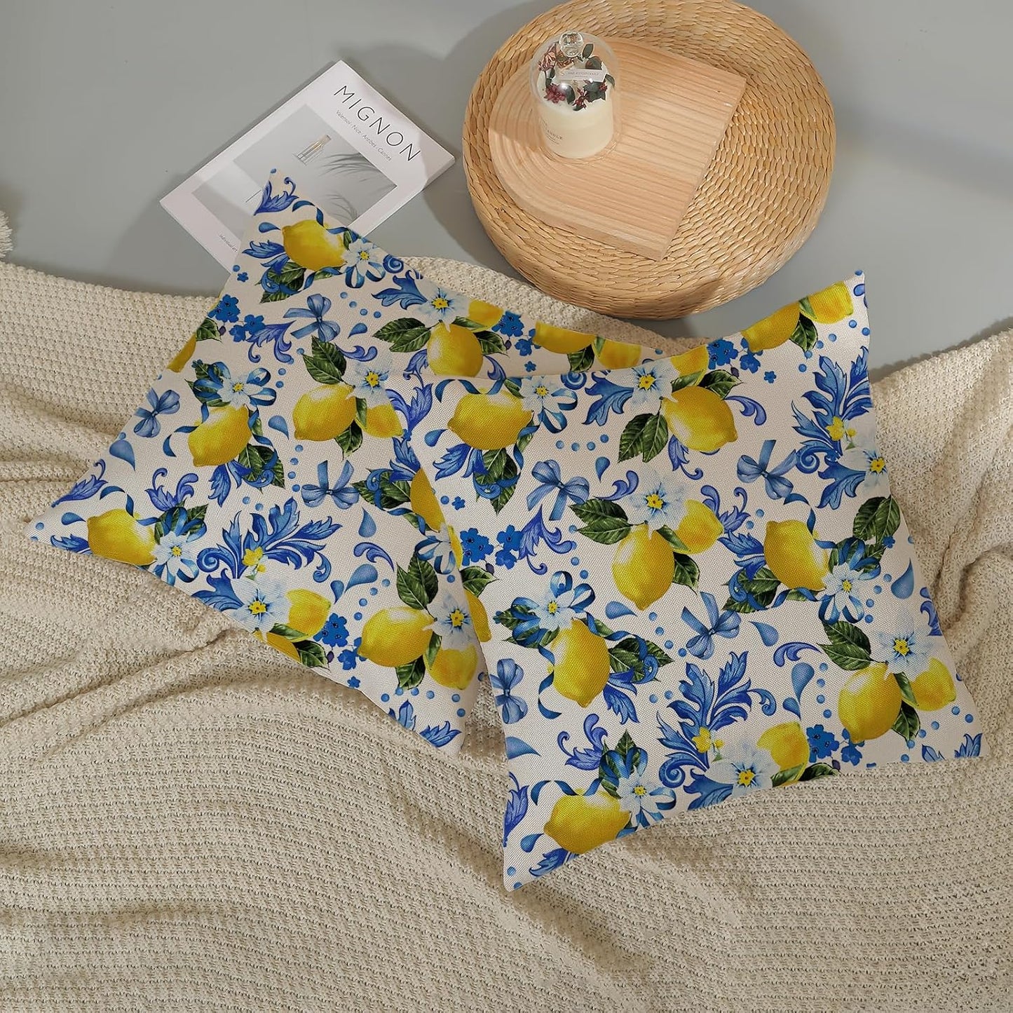 Spring Pillow Covers 18x18 Pack of 2 Blue Yellow Lemon Floral Throw Pillow Covers Outdoor Summer Seasonal Flower Decor Pillowcase Farmhouse Decorative Square Cushion Case for Home Couch