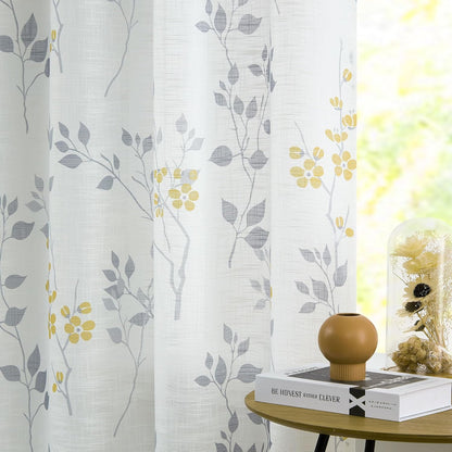 Beauoop Floral Linen Semi Sheer Curtains 84 Inches Long 2 Panels for Living Room Bedroom Yellow Grey Farmhouse Flower Patterned Light Filtering Textured Grommet Top Window Treatments Drapes, 50x84