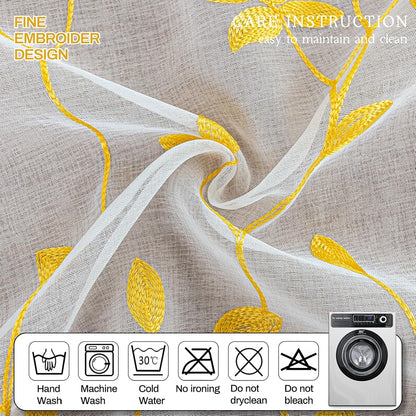 AmHoo 2 Panels Embroidered Leaf Pattern Semi Sheer Curtains Foliage Floral Voile Window Draperies Treatment for Bedroom Living Room Rod Pocket White Gold Yellow 53 x 63 Inch