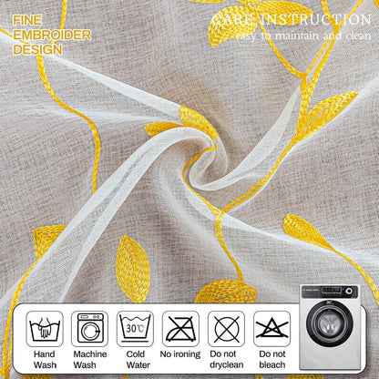 AmHoo 2 Panels Embroidered Leaf Pattern Semi Sheer Curtains Foliage Floral Voile Window Draperies Treatment for Bedroom Living Room Rod Pocket White Gold Yellow 53 x 84 Inch