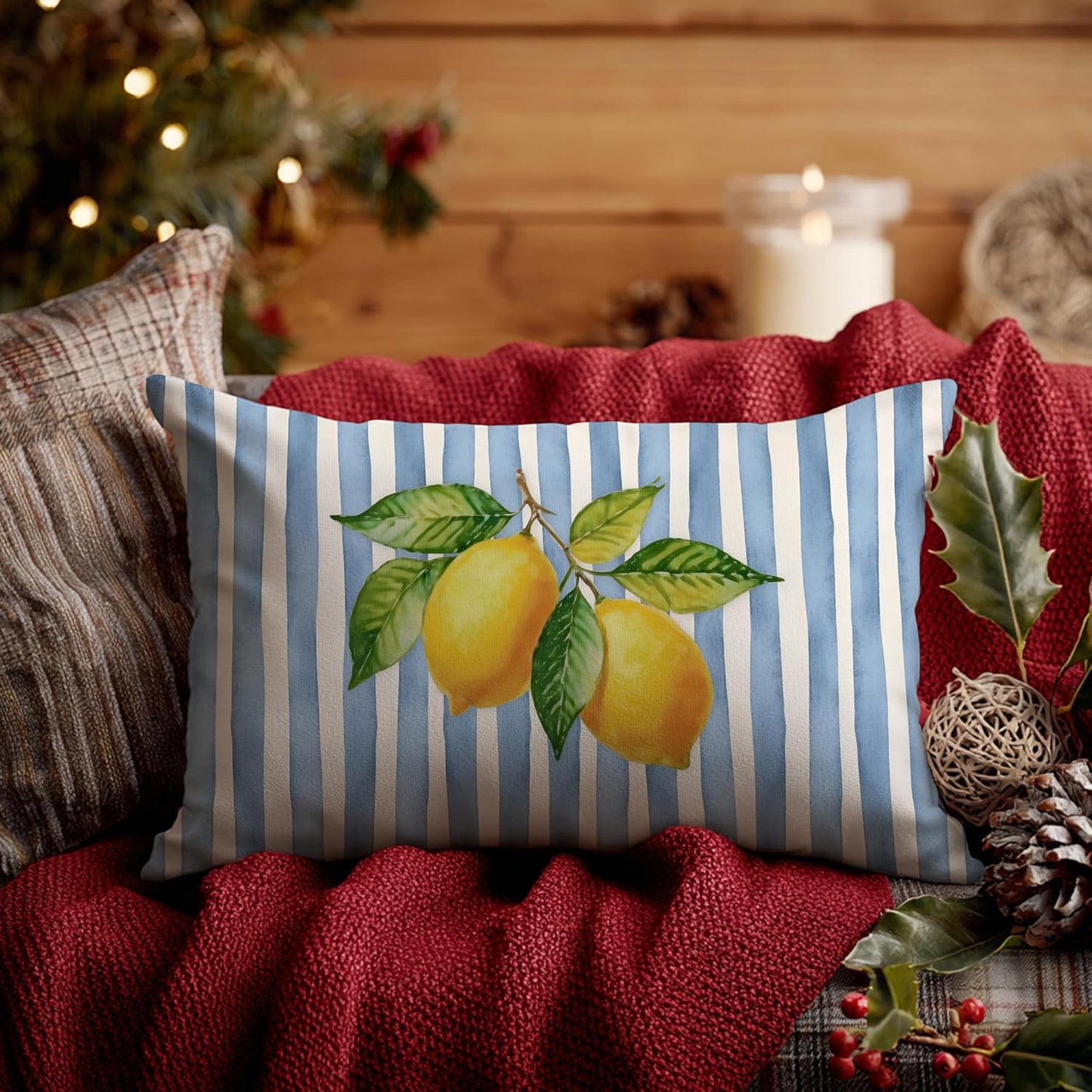 Blue and Yellow Summer Italian Mediterranean Amalfi Coast Lemon Pillow Cover Decor 12x20,Italian Striped Decorative Throw Pillow Cover Decor for Couch Double-Sided