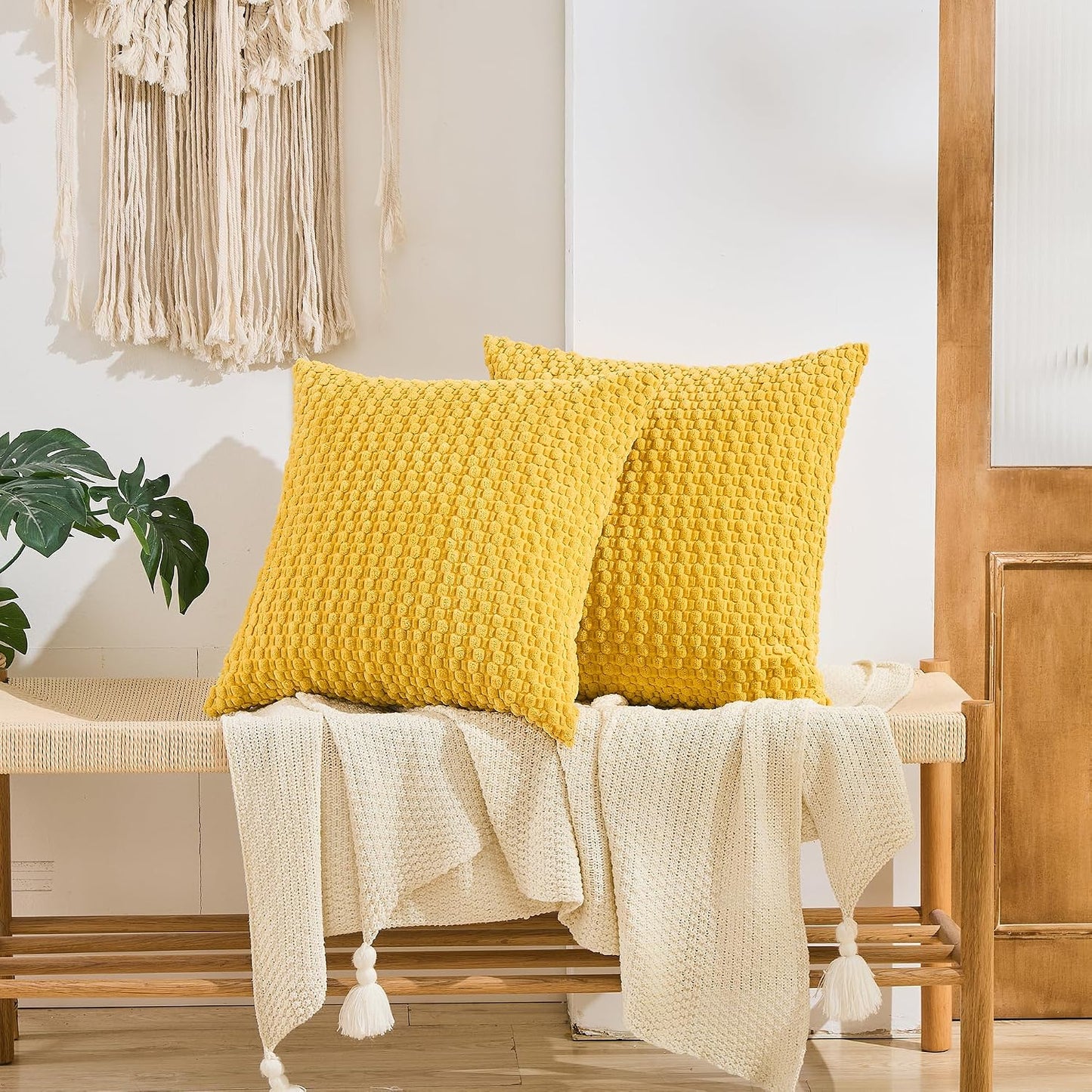 GAWAMAY Decorative Throw Pillow Covers 18x18 Inch Set of 2 for Living Room Couch Bed Sofa, Farmhouse Square Cushion Cover Soft Striped Corduroy Pillow Cases Boho Accent Home Decor (45x45cm) Yellow