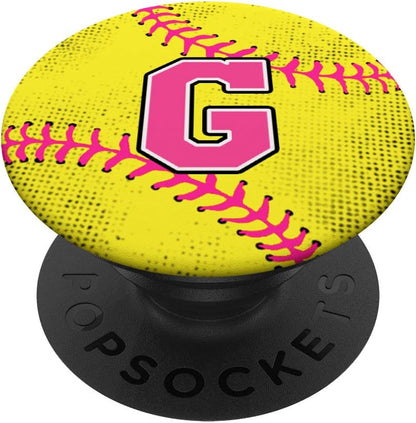 Softball Letter G Pink Yellow Girls Coach Gift Monogram PopSockets Grip and Stand for Phones and Tablets