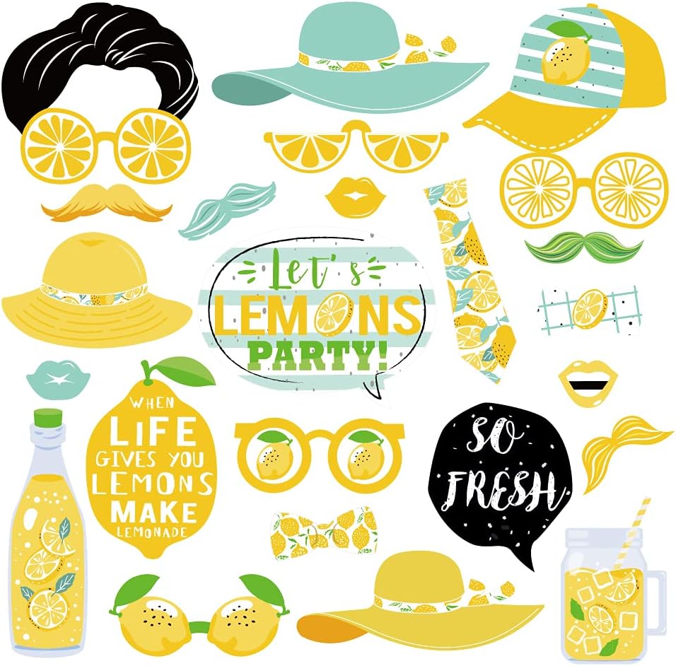 25 Pcs Lemon Theme Photo Booth Props | Lemonade Stand Decoration, Summer Lemon Birthday, Baby Shower, Bridal Shower Supplies