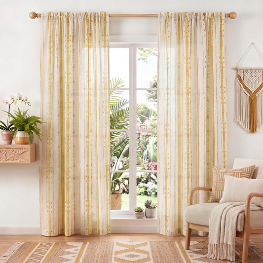 Mustard Yellow Vintage Boho Linen Curtains for Farmhouse - 84 Inches Long Cottage Core Light Filtering Rustic Window Drapes for Country Living Room, Each 52 Inch Wide, 2 Panels Set, W52 x L84