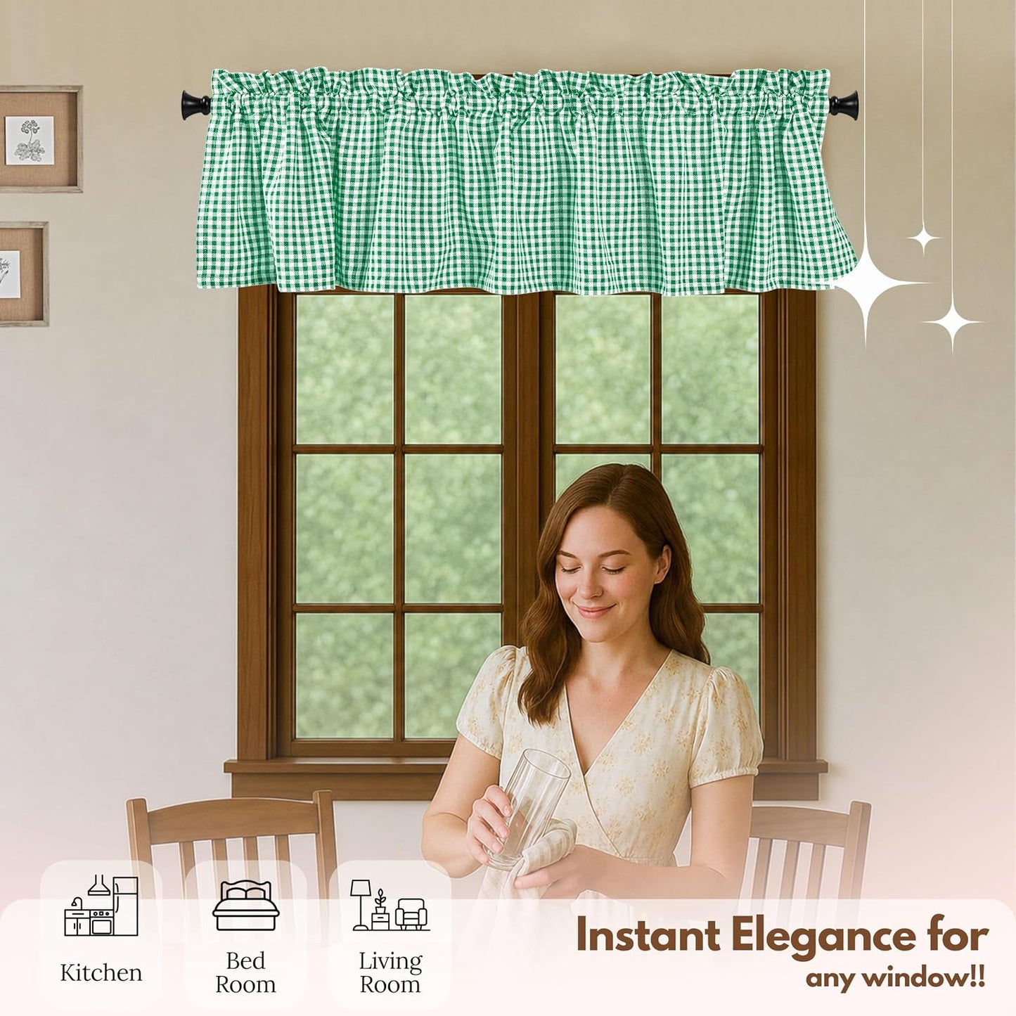 Native Fab Gingham Plaid Check 2 Pack Window Curtain Valance Set - Rod Pocket - Semi Sheer - Half Curtain for Kitchen, Bedroom, Living Room, Bathroom, Farmhouse - 54"x18" - Lemon Green