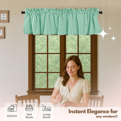 Native Fab Gingham Plaid Check 2 Pack Window Curtain Valance Set - Rod Pocket - Semi Sheer - Half Curtain for Kitchen, Bedroom, Living Room, Bathroom, Farmhouse - 54"x18" - Lemon Green