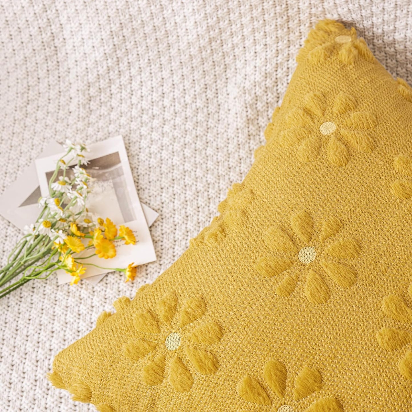 AQOTHES Spring Summer Yellow Throw Pillow Covers 12x20 inch Set of 2 Flower Floral Faux Fur Cute Throw Pillows for Sofa Couch Living Room Decor