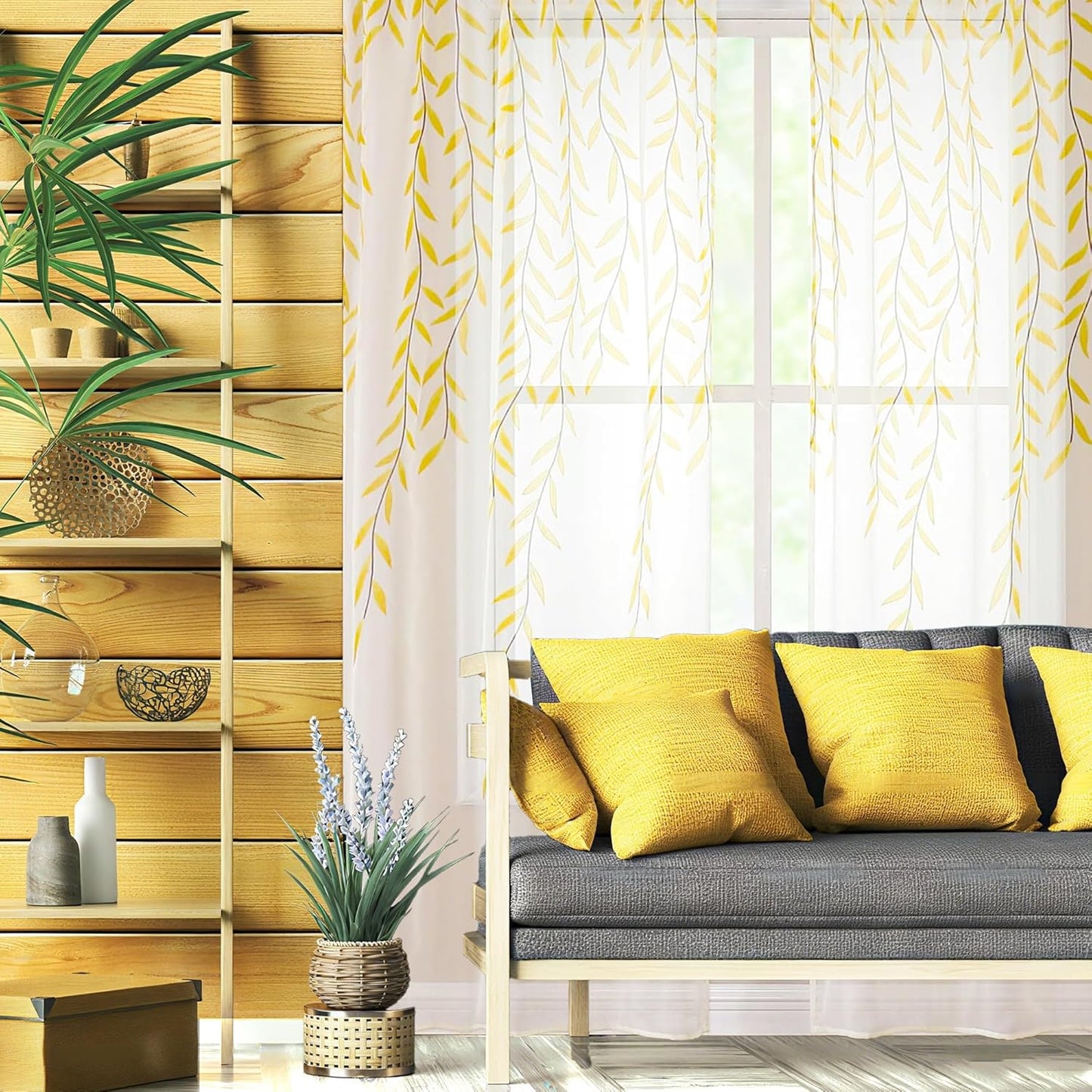 BROSHAN Yellow Sheer Window Curtains 2 Panels, Light Yellow Curtain Sheers Vine Leaves Pattern Voile Bedroom Curtains Rod Pocket Transparent Drapes for Living Room
