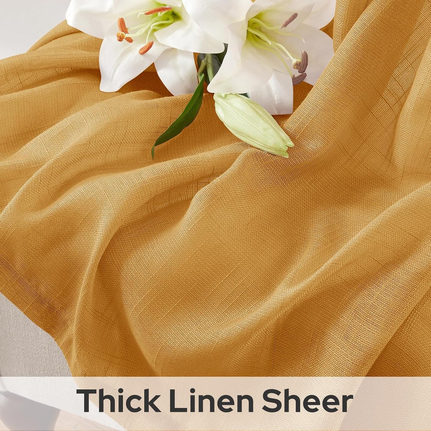 HOMEIDEAS Yellow Linen Textured Sheer Curtains, 84 Inches Long 2 Panels Semi Sheer Curtains Farmhouse Window Drapes for Bedroom Living Room, 2 Panels, W52 x L84