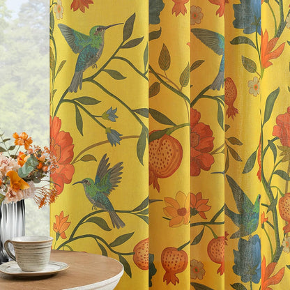 JOOJA Mustard Yellow Floral Linen Curtains, Boho Whimsical Bird Print Curtains for Bedroom Window Colorful Patterned Sheer Curtains for Living Room Kitchen 2 Panels 84 Inches Long