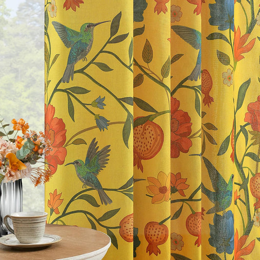 JOOJA Mustard Yellow Floral Linen Curtains, Boho Whimsical Bird Print Curtains for Bedroom Window Colorful Patterned Sheer Curtains for Living Room Kitchen 2 Panels 63 Inches Long