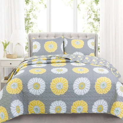 Cozy Line Home Fashions Yellow White Gray Daisy Sunflower Floral Reversible Quilt Bedding Set, Bedspread, Coverlet Lightweight for All Seasons (Sunflower, King - 3 Piece)