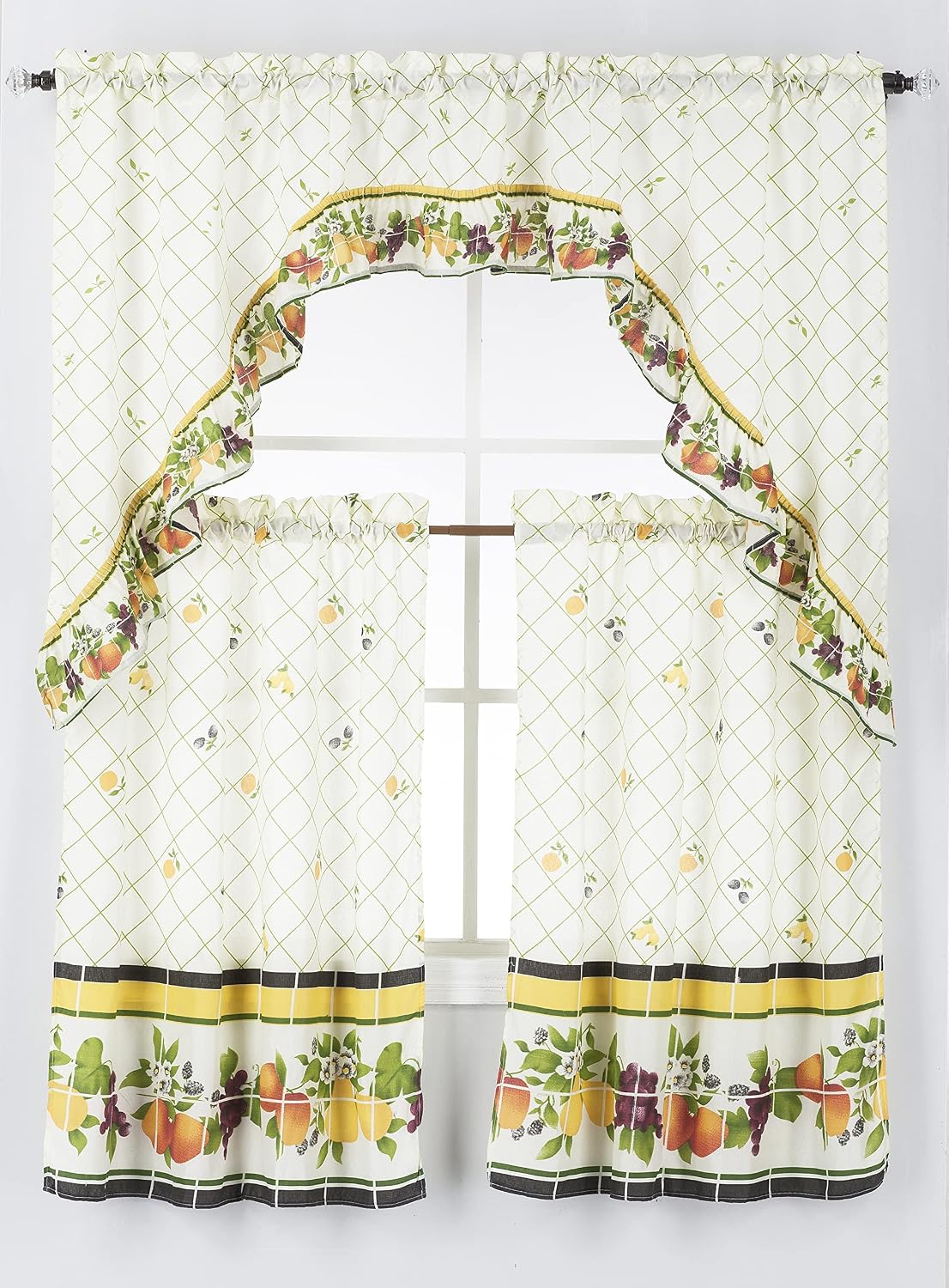 Diamond Home Linens 3PC Printed Kitchen Curtain Tiers and Swag Valance Set (Orange/Yellow, 36 in Tiers Set)
