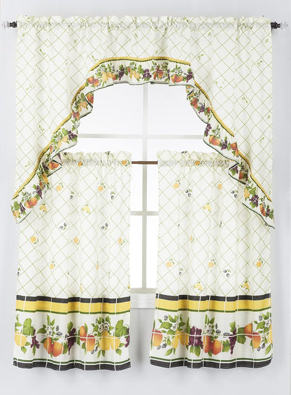 Diamond Home Linens 3PC Printed Kitchen Curtain Tiers and Swag Valance Set (Orange/Yellow, 36 in Tiers Set)