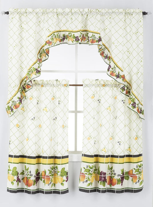 Diamond Home Linens 3PC Printed Kitchen Curtain Tiers and Swag Valance Set (Orange/Yellow, 36 in Tiers Set)