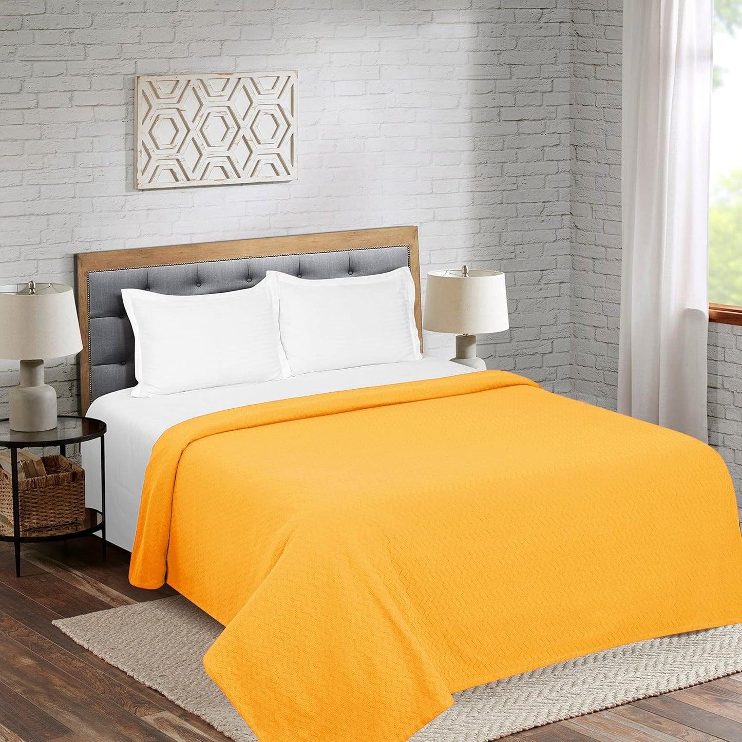 BELIZZI HOME 100% Cotton Bed Blanket, Breathable Thermal Blanket Full -Queen Size, Soft Chevron Thermal Blanket 90"x90", Cotton Bed Blanket, Perfect for Layering Any Bed for All Season, Mustard Yellow
