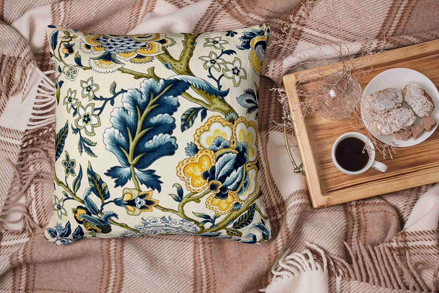 Good, Zippered Pillowcases 20X20Inch Throw Pillow Covers Floral Jacquard Print Blue Yellow hues for Home Sofa Bedding