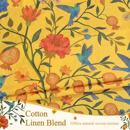 JOOJA Mustard Yellow Floral Linen Curtains, Boho Whimsical Bird Print Curtains for Bedroom Window Colorful Patterned Sheer Curtains for Living Room Kitchen 2 Panels 63 Inches Long