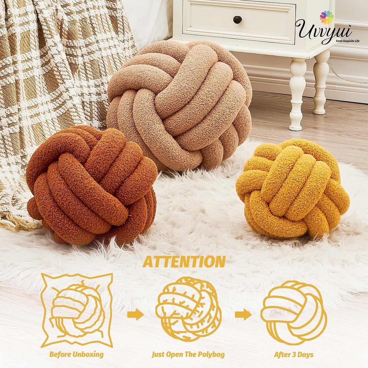 Uvvyui Knot Pillow Ball, Soft Home Decorative Pillows, Round Throw Pillow, Handmade Knotted Plush Pillow, Round Boucle Pillow Cushion (8.6 Inches Dark Yellow)