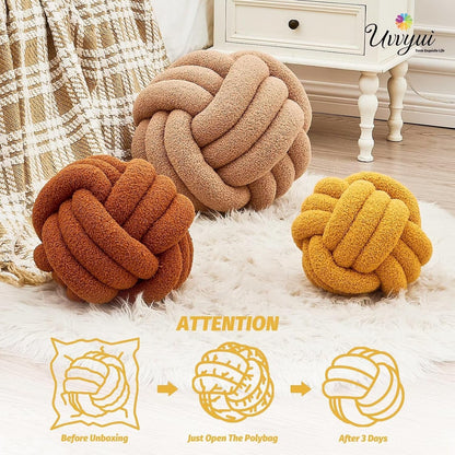 Uvvyui Knot Pillow Ball, Soft Home Decorative Pillows, Round Throw Pillow, Handmade Knotted Plush Pillow, Round Boucle Pillow Cushion (8.6 Inches Dark Yellow)
