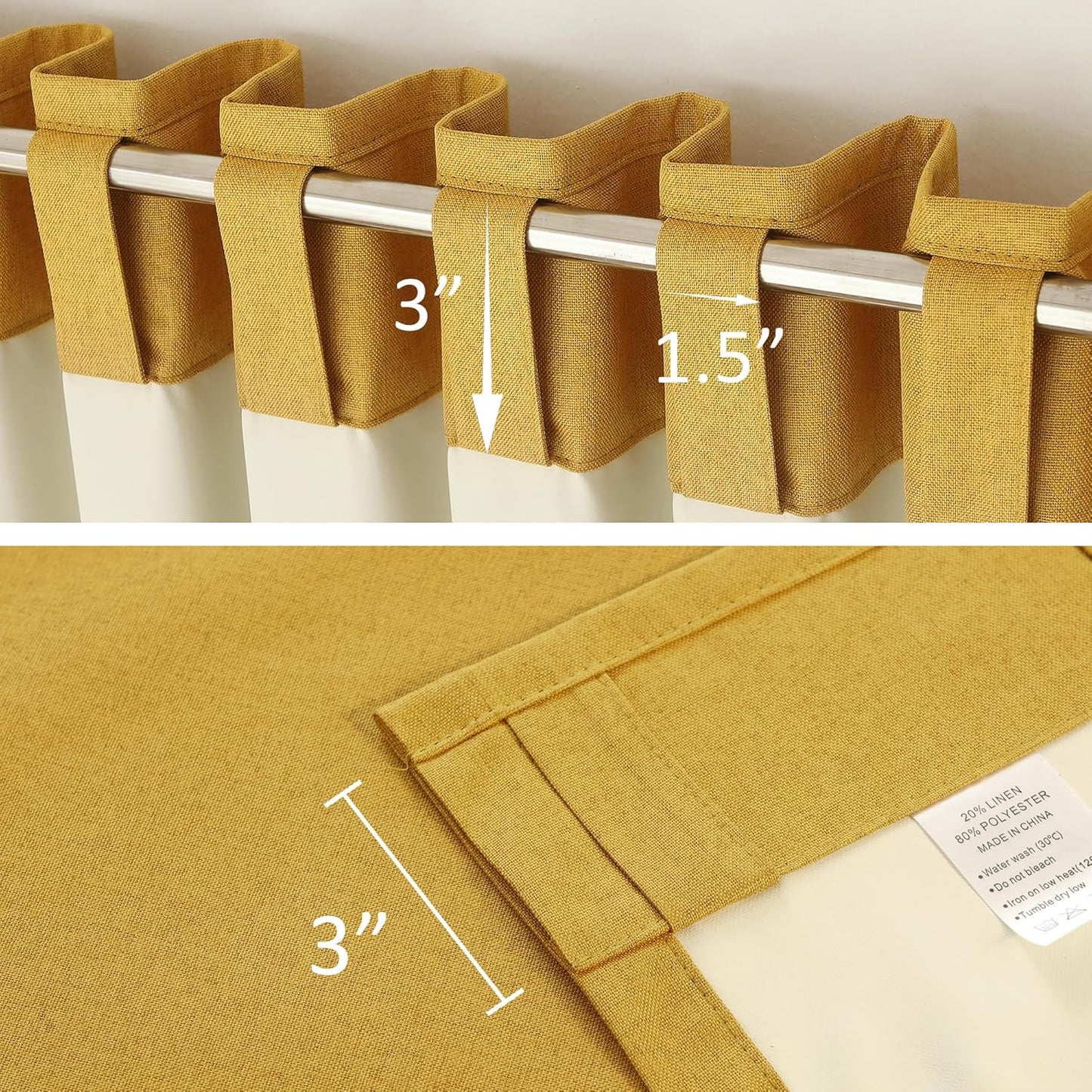 DUALIFE 100% Blackout Linen Yellow Curtains 84 Inch for Living Room Darkening, Bedroom Linen Drapes 84 Inches Long Rod Pocket/Back Tab Heat Blocking Bohemian Pleated Window Curtain(50"x84"x2)