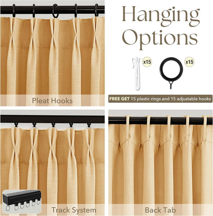 Pinch Pleated Mustard Yellow Linen Curtains 84 inches Long for Living Room 2 Panel Set Light Fitering Semi Sheer Yellow Window Curtain Pleat with Hooks Rustic Farmhouse Bedroom Drapes Length 84"