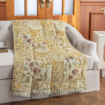 Loom and Mill Damask Patchwork Throw Blankets for Bed, Jacquard Floral Throws with Fringes Trim, Soft Lightweight Velvet Lined Throw Blanket for Sofa Couch Chair All Seasons(Beige Yellow, 52”x72”)