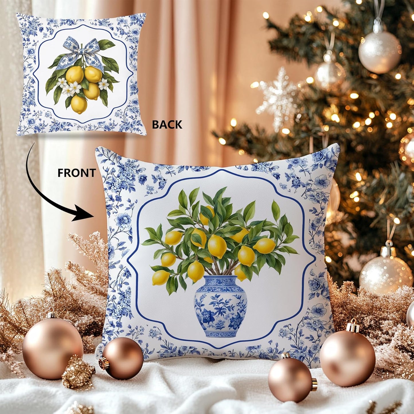 Blue and White Chinoiserie Lemon Pillow Covers 18x18Double-Sided, Grand Millenial Decor, Chinoiserie Decor, Grandmillennial Floral Fruit Lemon Decorative Throw Pillow Covers