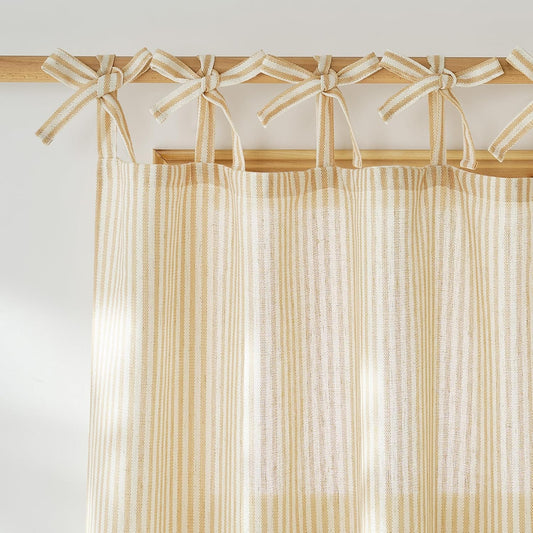 NICETOWN Cream Yellow Window Curtains for Bedroom, Tie Top Striped Print Thick Linen Light Filtering Window Treatments DIY Crafted Privacy for Kids Room, W52 x L84, 2 Panels