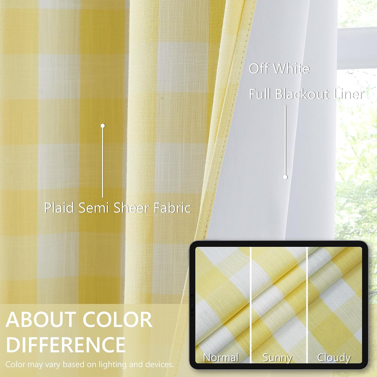 Amzdecor Yellow White Buffalo Plaid Full Blackout Curtains 84 Inch Long for Bedroom Living Room Farmhouse Check Patterned Drapes Thermal Insulated Soundproof Grommet Window Treatment, 2 Panels,40"x84"