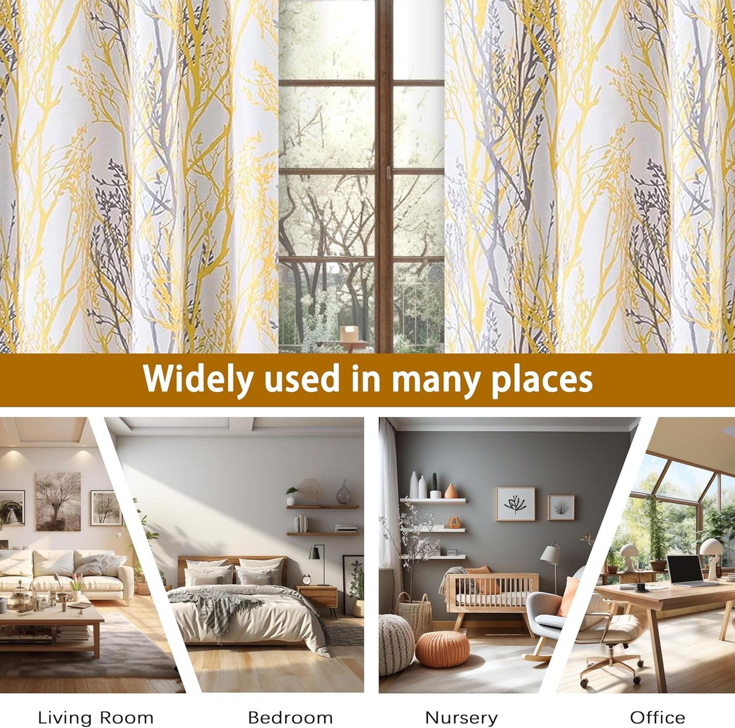 DriftAway Tree Branch Blackout Curtains Double Layer 84 Inches Long for Bedroom Printed Patterned Classic Thermal Insulated Summer Sound Lined Grommet Drapes for Living Room 2 Panels Yellow/White