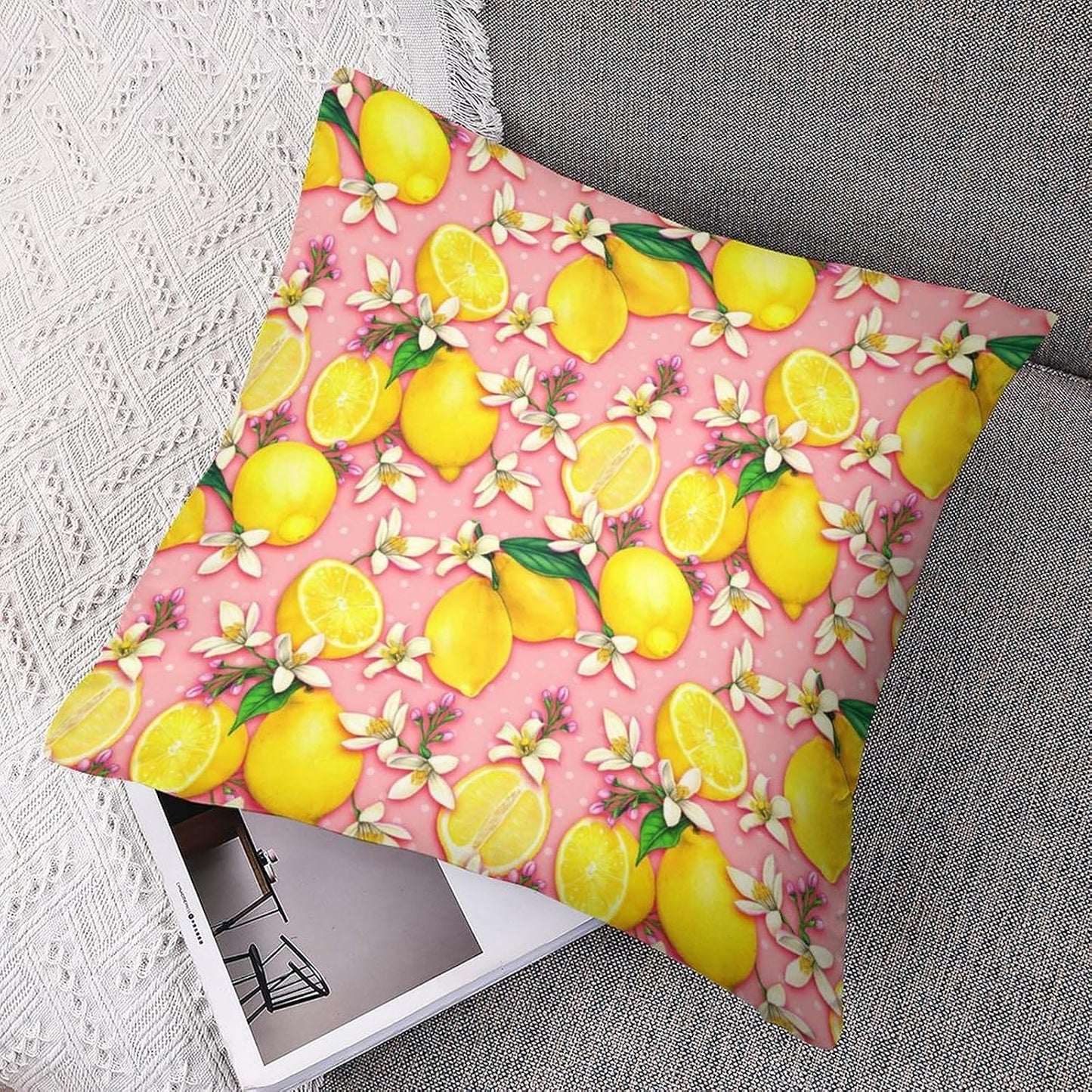 Yellow Lemon Throw Pillow Covers 16x16 Inch Set of 2, Cute Pink Fresh Fruit Summer Pillowcases Cushions for Couch Sofa Bedroom Living Room