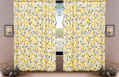 DaDa Bedding Botanical Floral Window Curtain Panels - Natural Semi Sheer Yellow Fleur Golden Orange Spring Time Tulips Straight Tailored Edge - 54 x 84