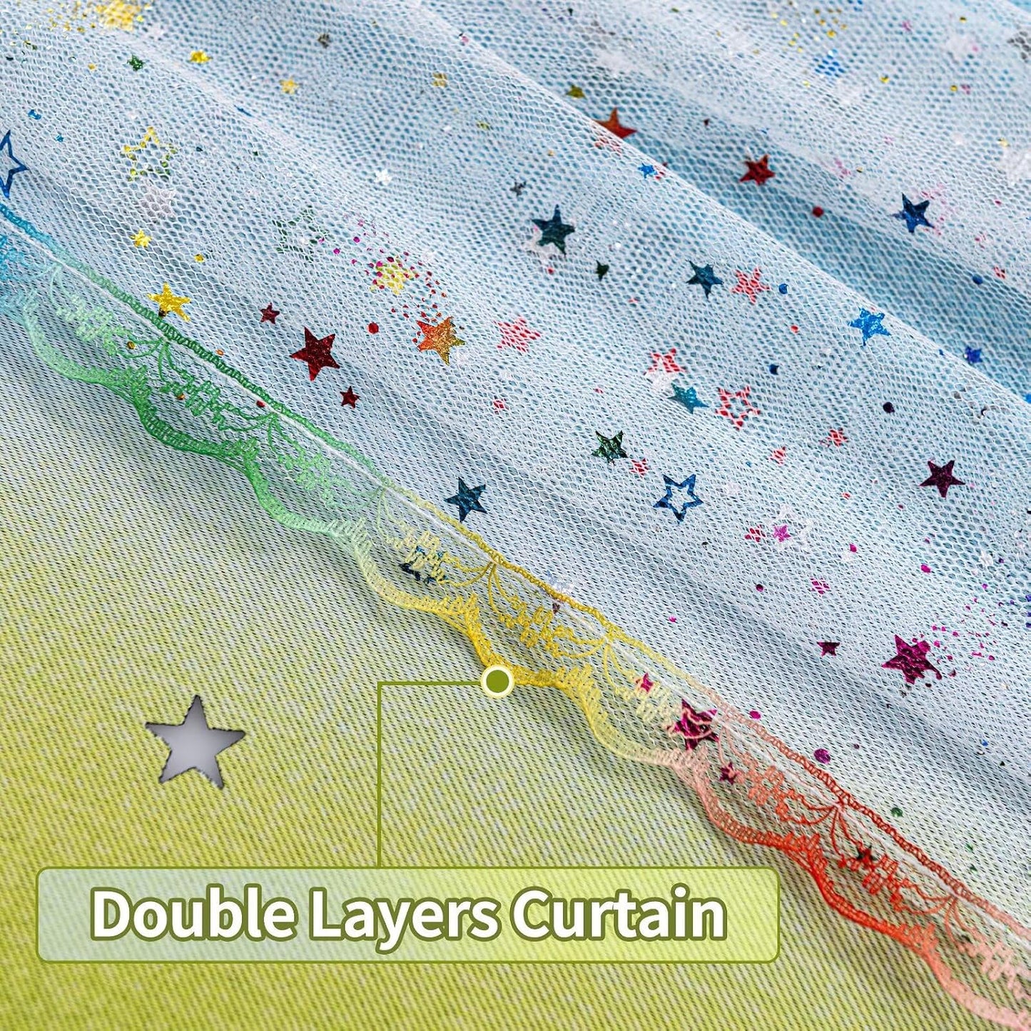 52x63 2-in-1 Double-Layer Kids & Girls Unicorn Princess Ombre Blackout Curtains with Foil Print Sheer, 2 Panels Set - Green Yellow Blue