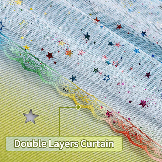 52x63 2-in-1 Double-Layer Kids & Girls Unicorn Princess Ombre Blackout Curtains with Foil Print Sheer, 2 Panels Set - Green Yellow Blue