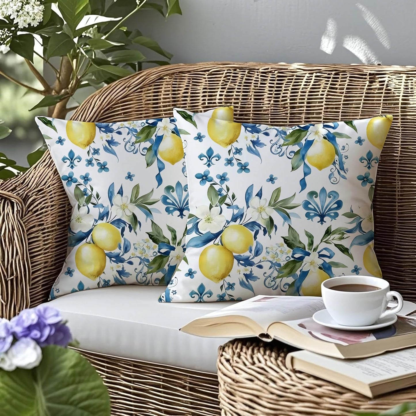 mellicoma Waterproof Outdoor Pillow Covers 18x18 Pack of 2 Blue White Lemon Throw Outdoor Pillows for Garden Funiture Patio Home