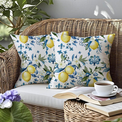 mellicoma Waterproof Outdoor Pillow Covers 18x18 Pack of 2 Blue White Lemon Throw Outdoor Pillows for Garden Funiture Patio Home