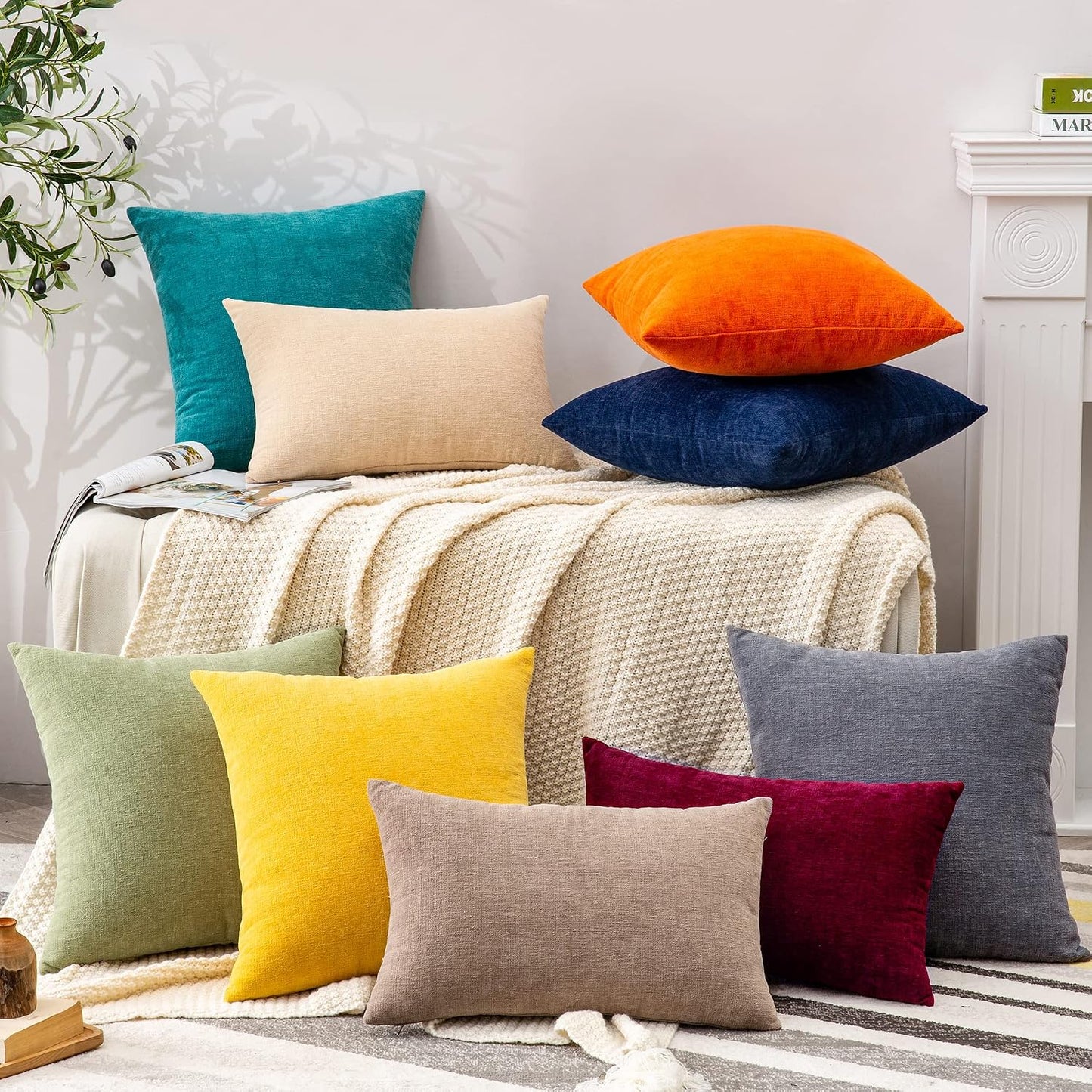 GAWAMAY Decorative Throw Pillow Covers 16x16 Inch Set of 2, Super Soft Chenille Square Pillows Farmhouse Fall Pillowcase for Living Room Bedroom Sofa Couch Cushion Cover Mustard Yellow 40x40cm
