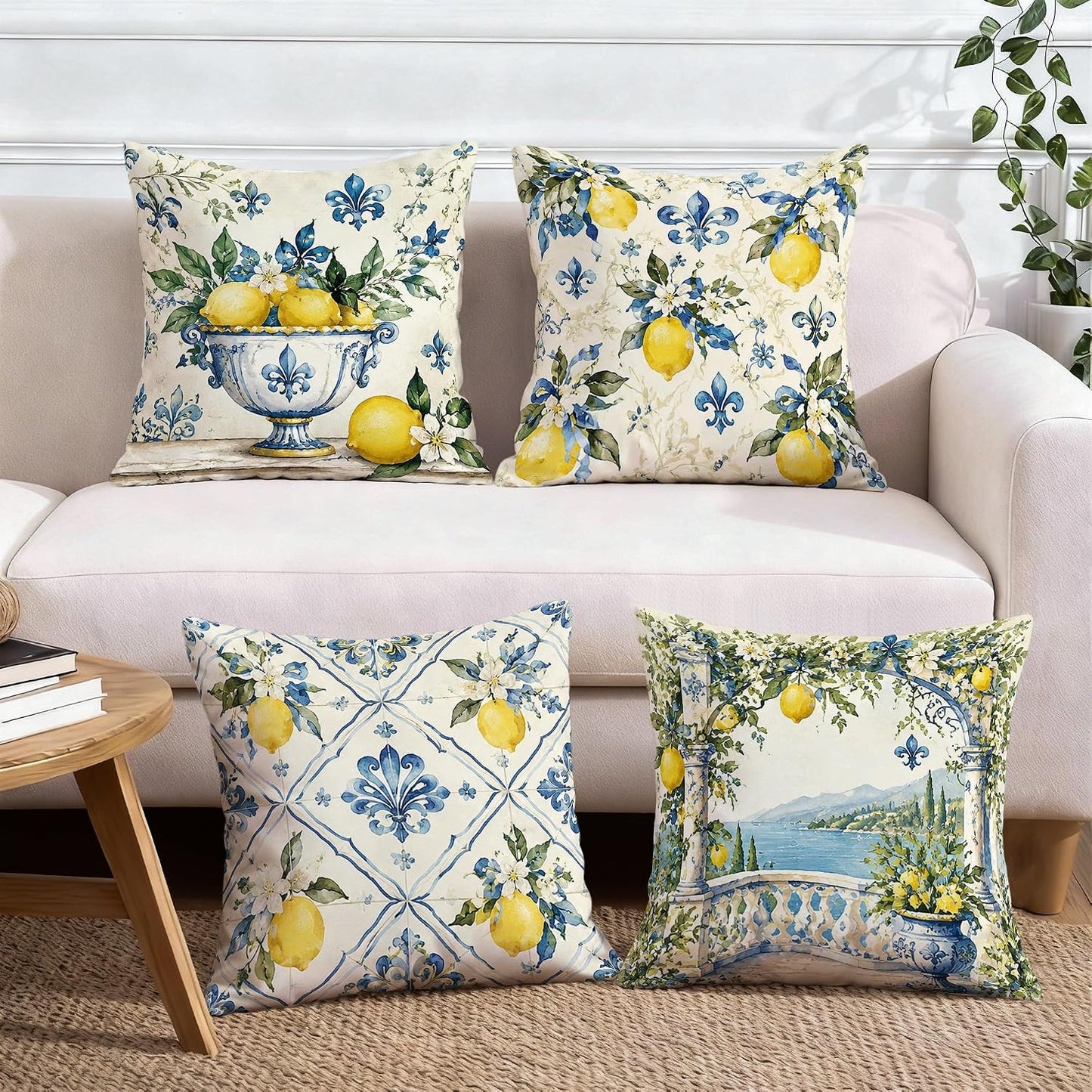 Lemon Throw Pillow Covers Set of 4, Mediterranean Rustic Flower Lily Summer Yellow Soft Velvet Washable Cushion Covers Pillow for Living Room Bed Office Sofa Chair Decor 20x20 Inch