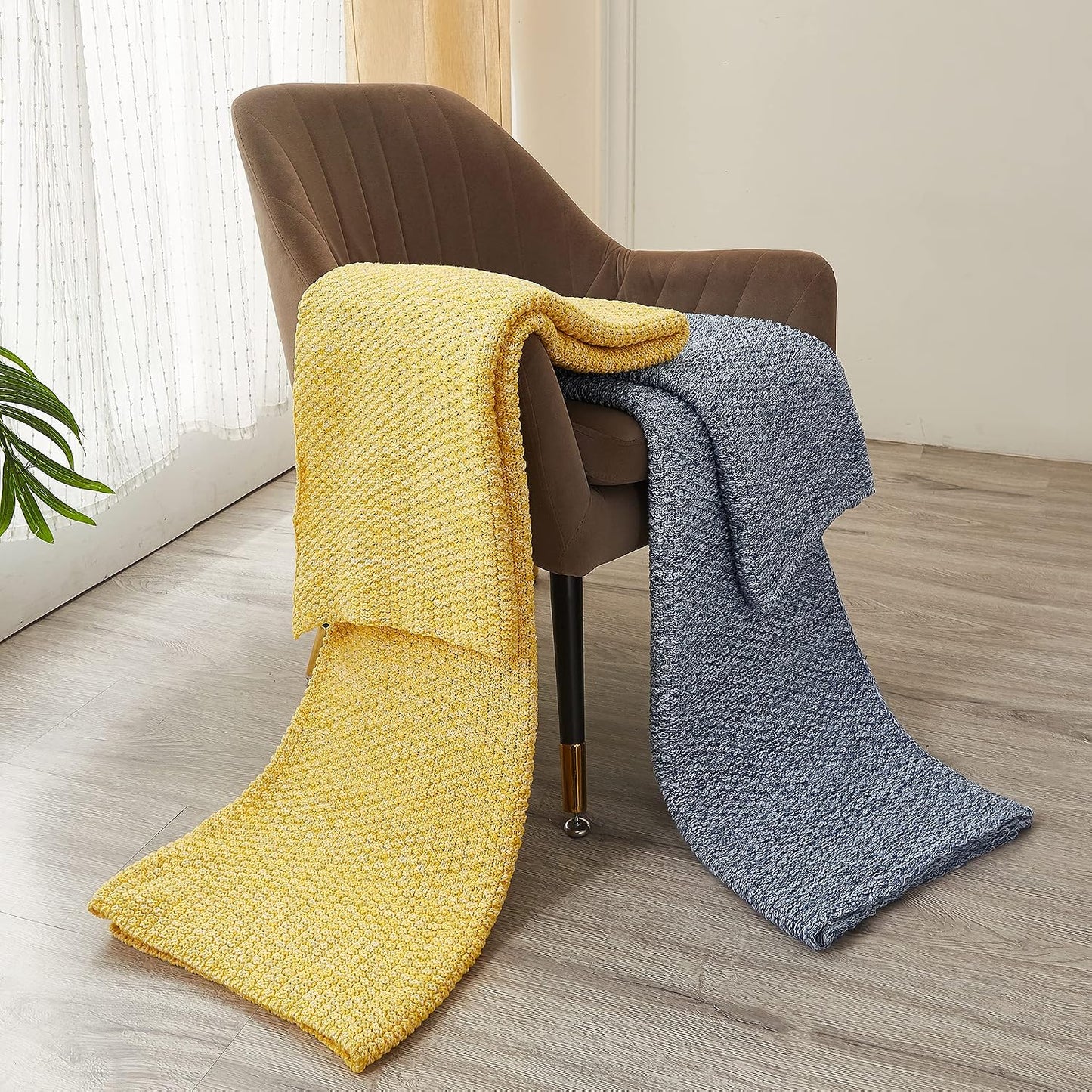 Longhui bedding 100% Cotton Knitted Throw Blanket – Yellow, Soft & Cozy, Machine Washable, 51"x63" – Perfect for Living Room, Couch, Sofa, Bed or Travel